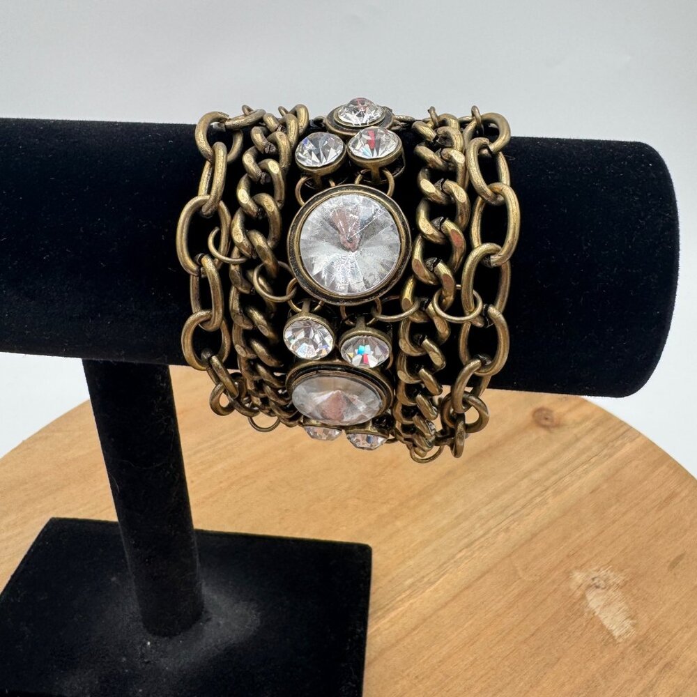 Vintage bronze tone 5 chain chunky rhinestone statement bracelet